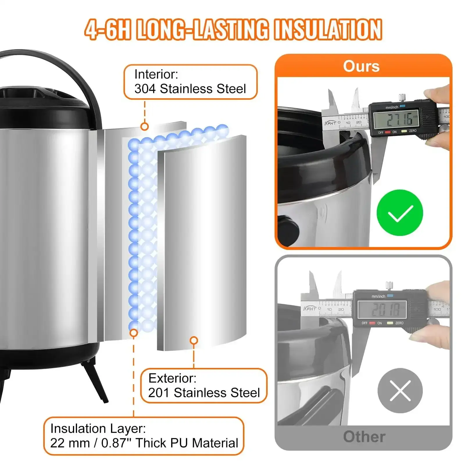 Stainless Steel Insulated Beverage Dispenser, 2 Gallon 7.6 Liter, Thermal Hot and Cold Drink Server Dispenser with Spigot Handle