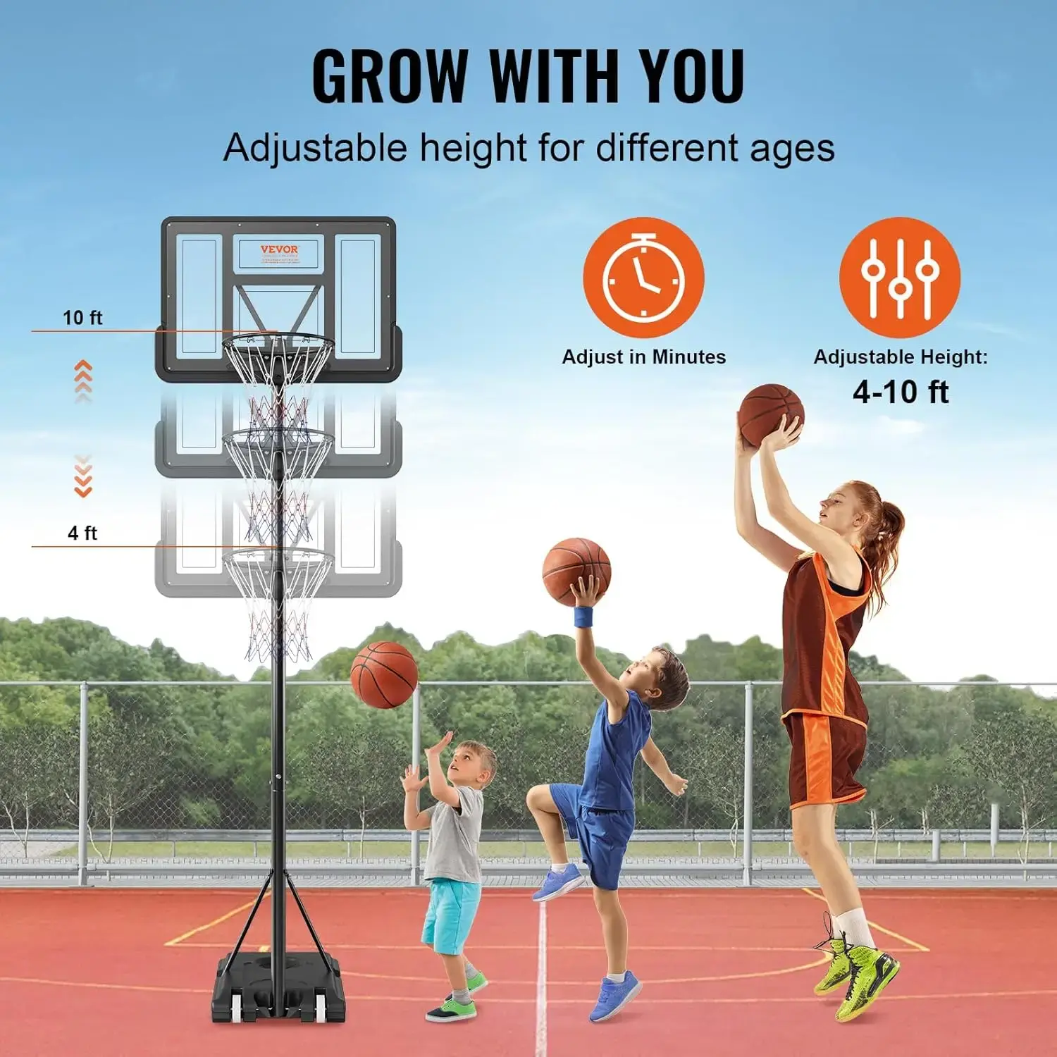 Basketball Hoop, 4-10 ft Adjustable Height Portable Backboard System, 44 inch Basketball Hoop & Goal