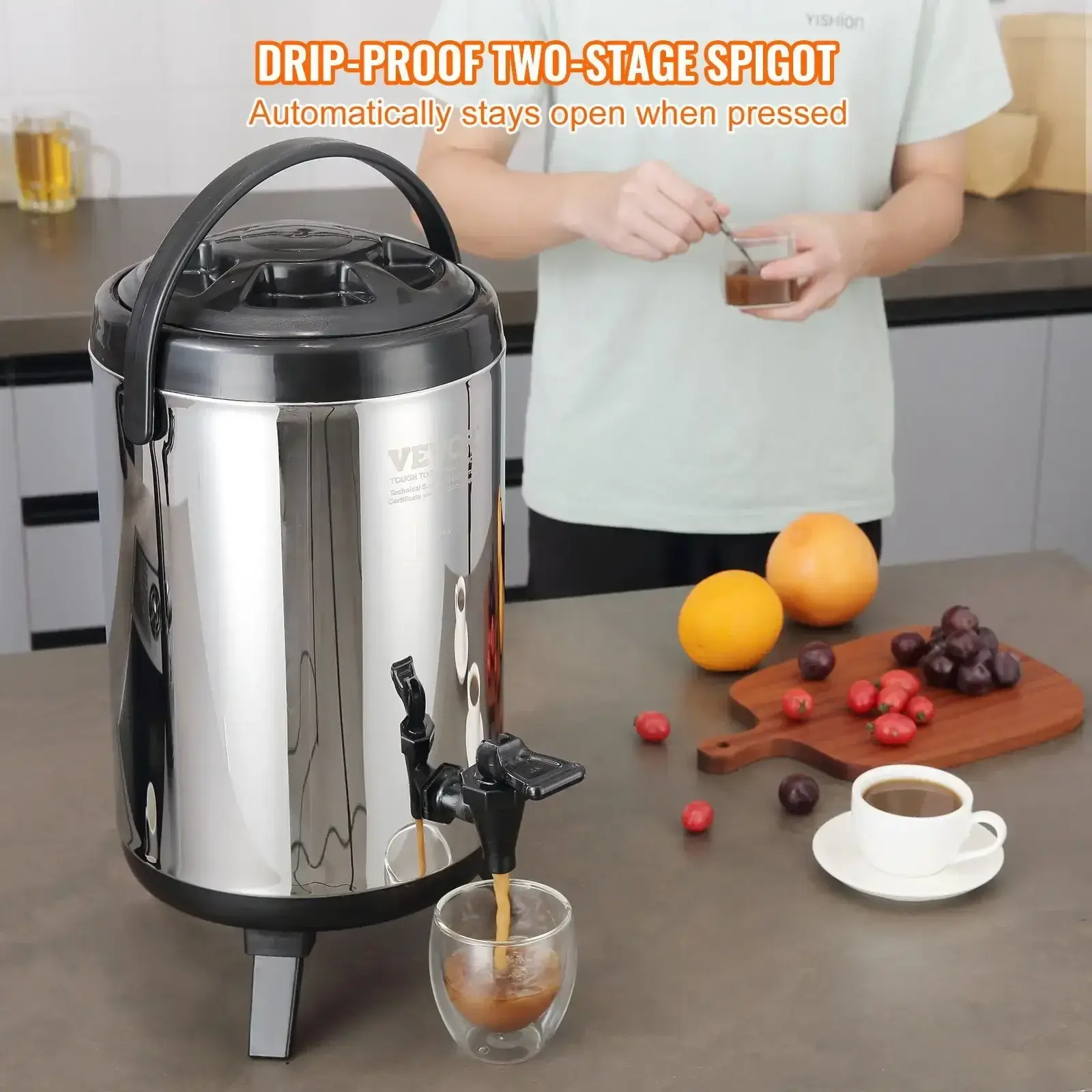 Stainless Steel Insulated Beverage Dispenser, 2 Gallon 7.6 Liter, Thermal Hot and Cold Drink Server Dispenser with Spigot Handle