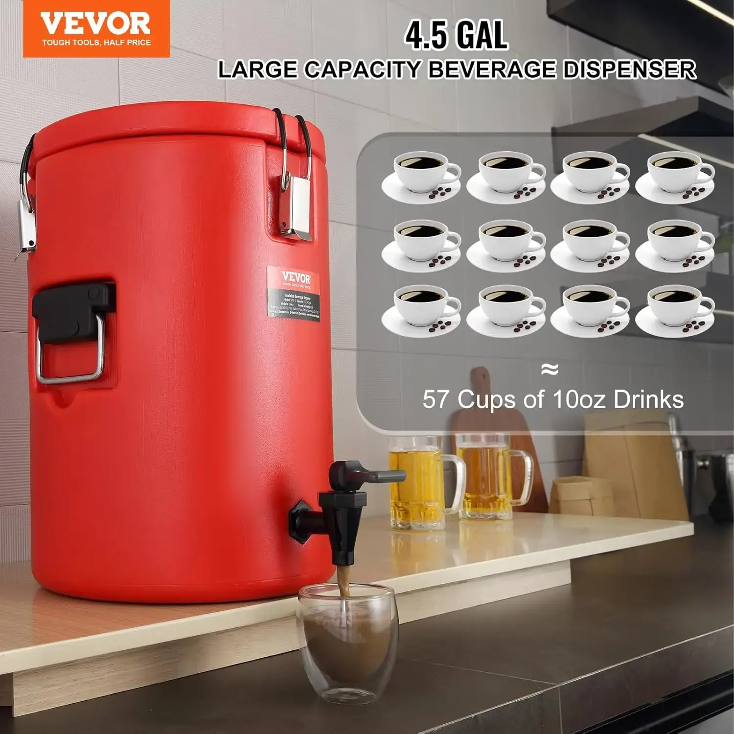 Stainless Steel Insulated Beverage Dispenser, 4.5 Gallon 17.2 Liter, Thermal Hot and Cold Drink Server Dispenser