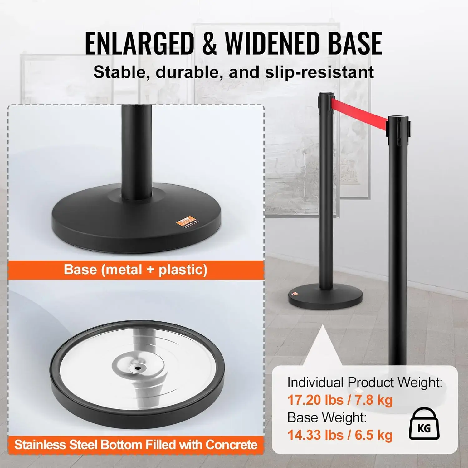 Crowd Control Stanchions, 2-Pack Crowd Control Barriers, Carbon Steel Baking Painted Stanchion Queue Post with 11FT Red Belt