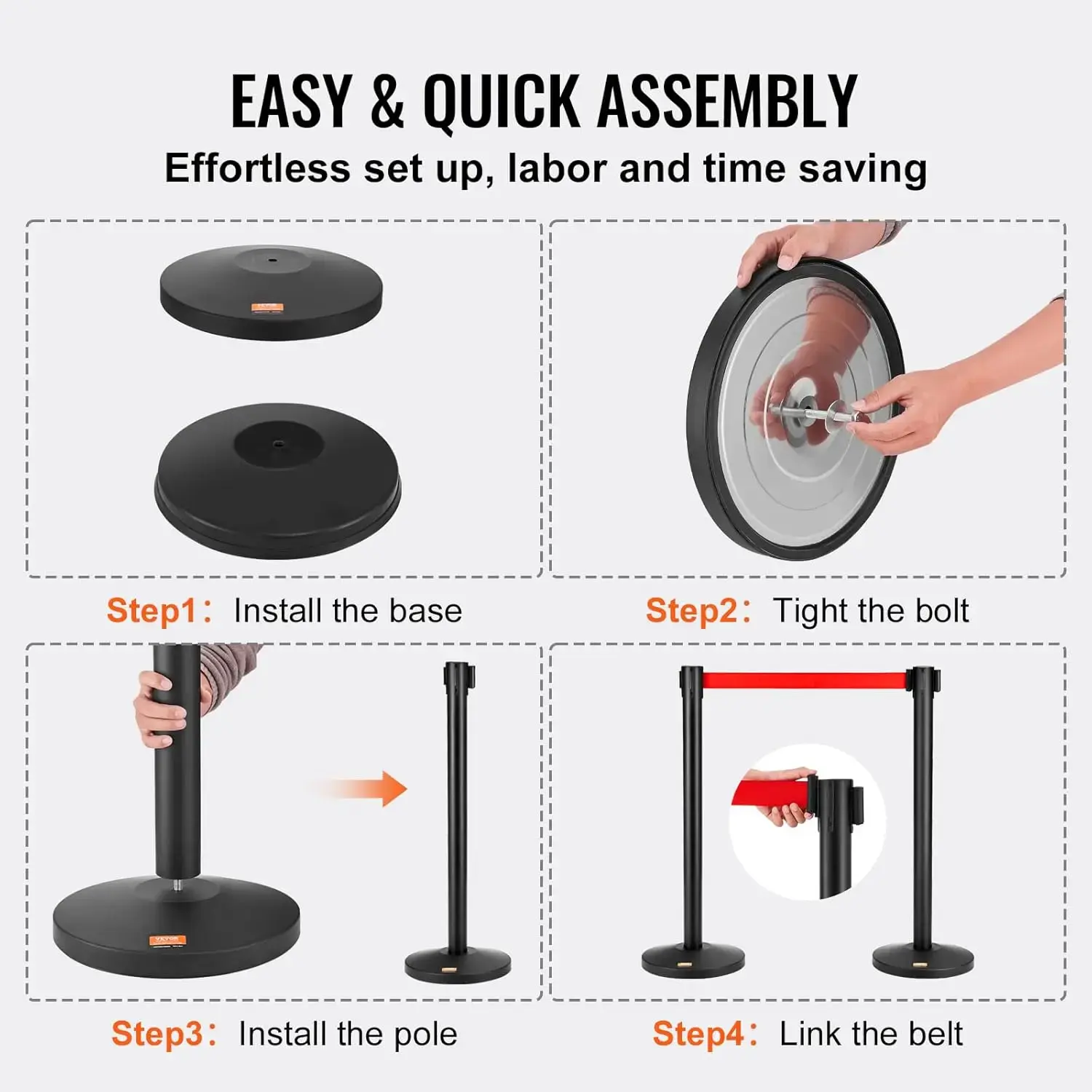 Crowd Control Stanchions, 2-Pack Crowd Control Barriers, Carbon Steel Baking Painted Stanchion Queue Post with 11FT Red Belt