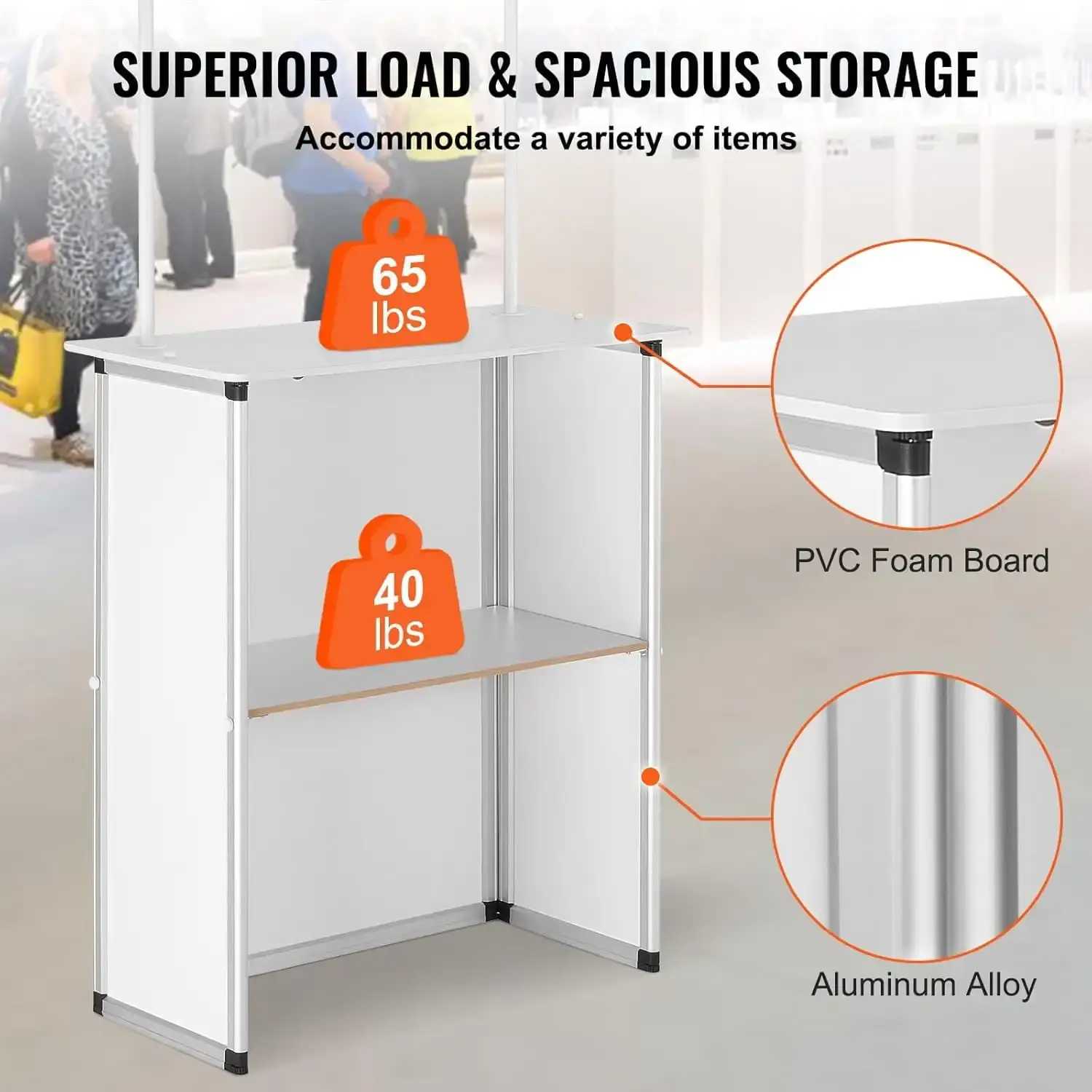Counter Table, Portable Tradeshow Podium Table, 30.91" x 14.96" x 71.46", Display Exhibition Counter Stand Booth Fair with Wall
