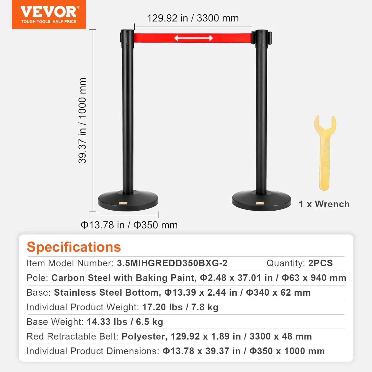Crowd Control Stanchions, 2-Pack Crowd Control Barriers, Carbon Steel Baking Painted Stanchion Queue Post with 11FT Red Belt