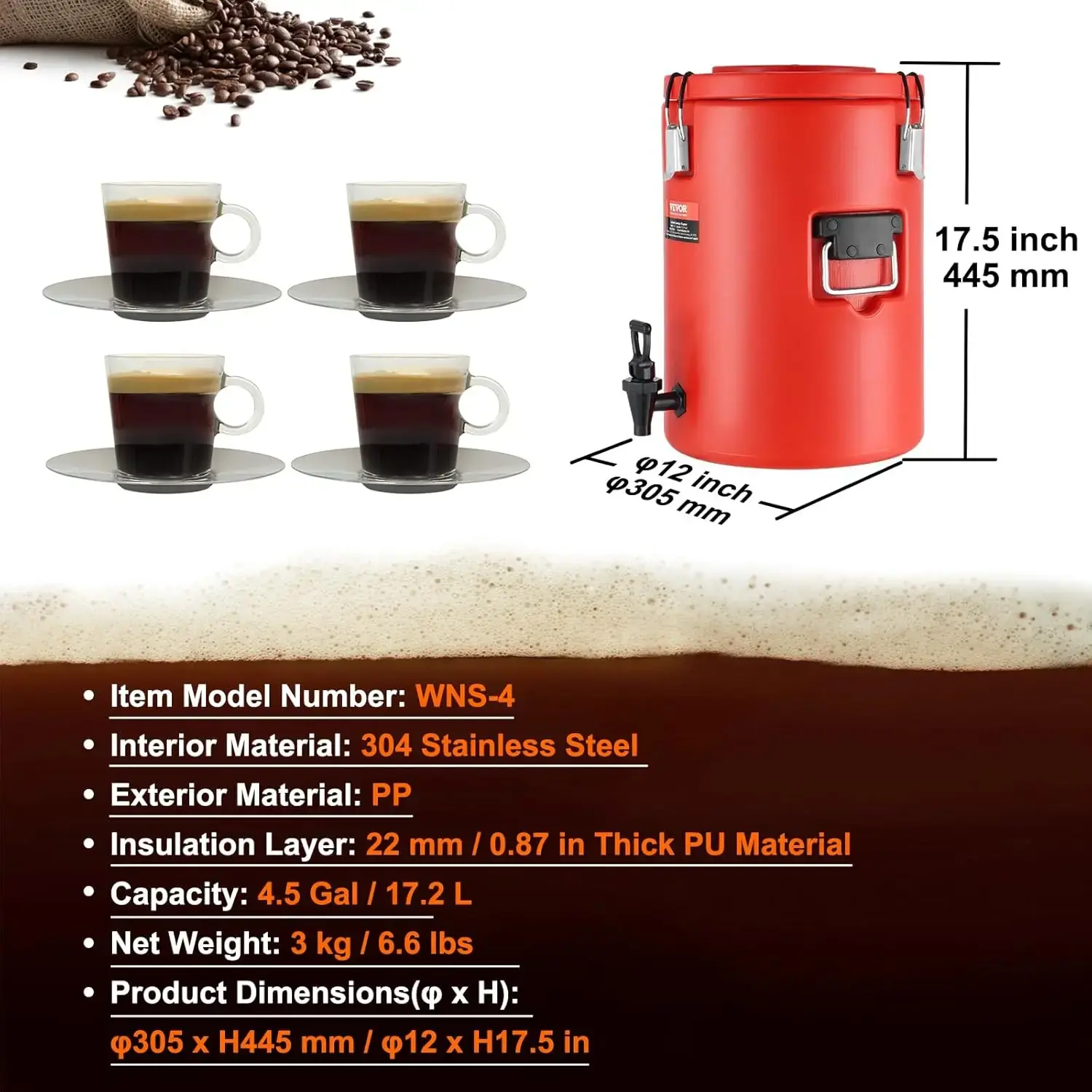Stainless Steel Insulated Beverage Dispenser, 4.5 Gallon 17.2 Liter, Thermal Hot and Cold Drink Server Dispenser