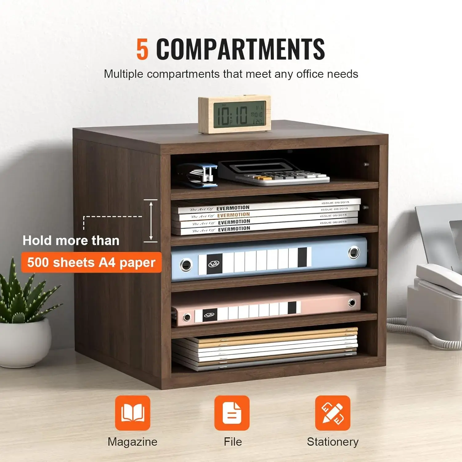 Literature Organizers, 5 Compartments Office Mailbox with Adjustable Shelves, Wood Literature sorter