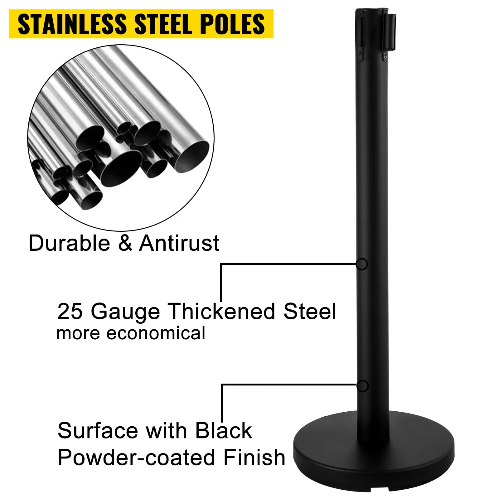 Stanchion Post Barriers 4-Set Line Dividers, Stainless Steel Stanchions with 6.6’ Black Retractable Belts, Black Crowd Control