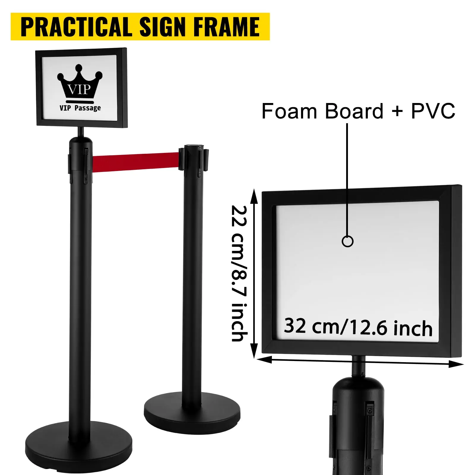 Stanchion Post Barriers 4-Set Line Dividers, Stainless Steel Stanchions with 6.6’ Black Retractable Belts, Black Crowd Control