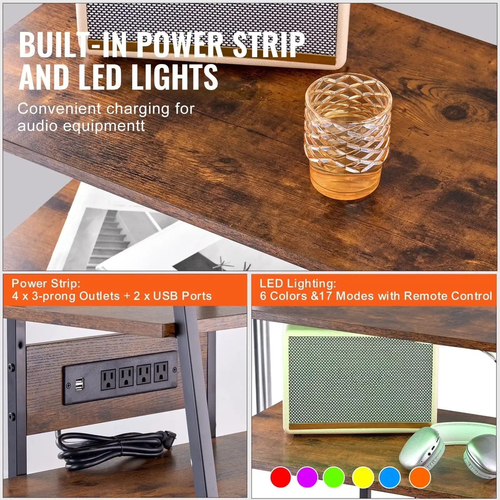 4-Tier AV Media Stand with Power Strips, Corner TV Stand with LED Lights, Height Adjustable Wooden Shelves