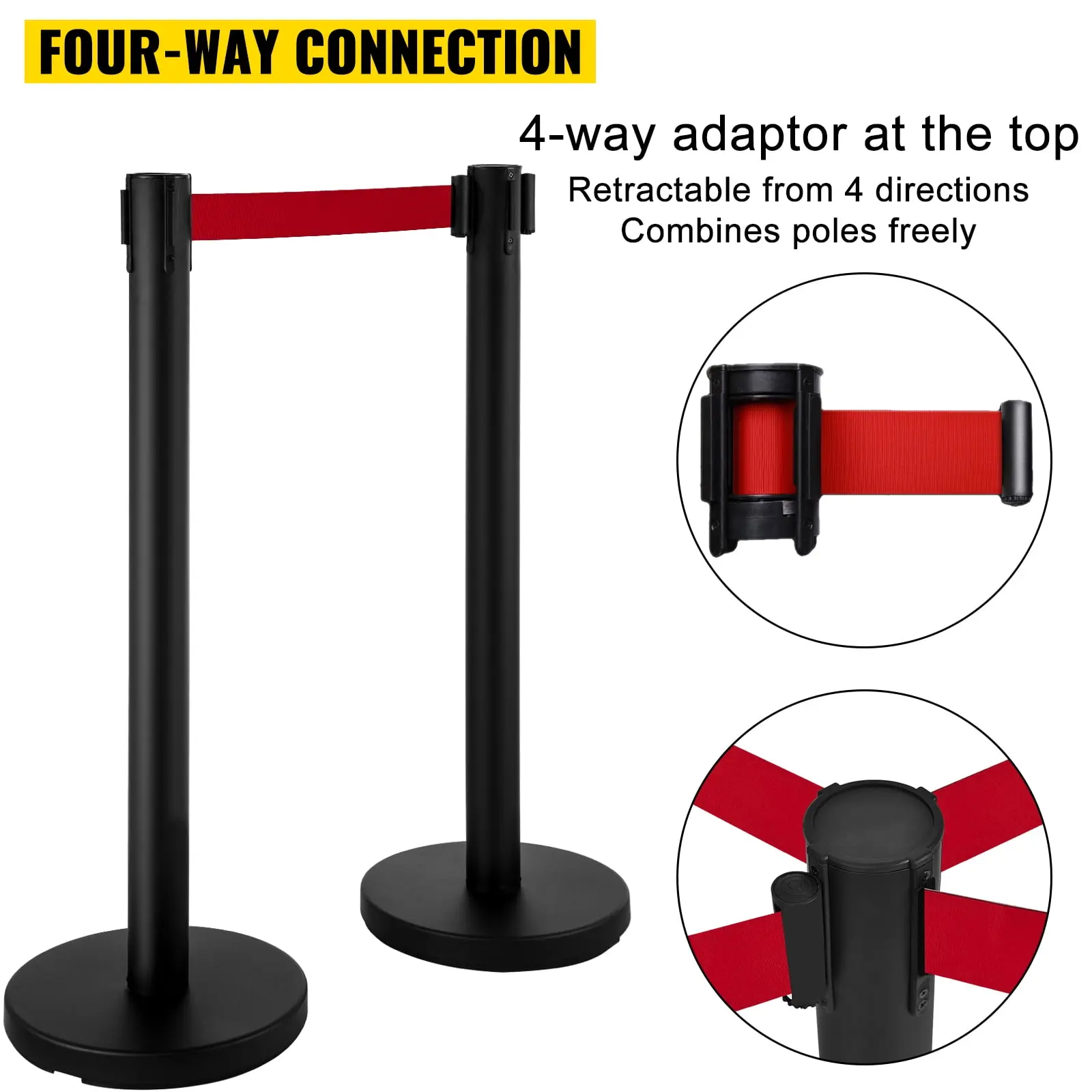 Stanchion Post Barriers 4-Set Line Dividers, Stainless Steel Stanchions with 6.6’ Black Retractable Belts, Black Crowd Control
