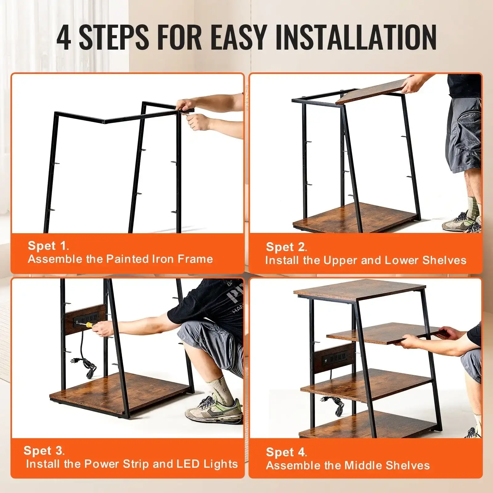 4-Tier AV Media Stand with Power Strips, Corner TV Stand with LED Lights, Height Adjustable Wooden Shelves
