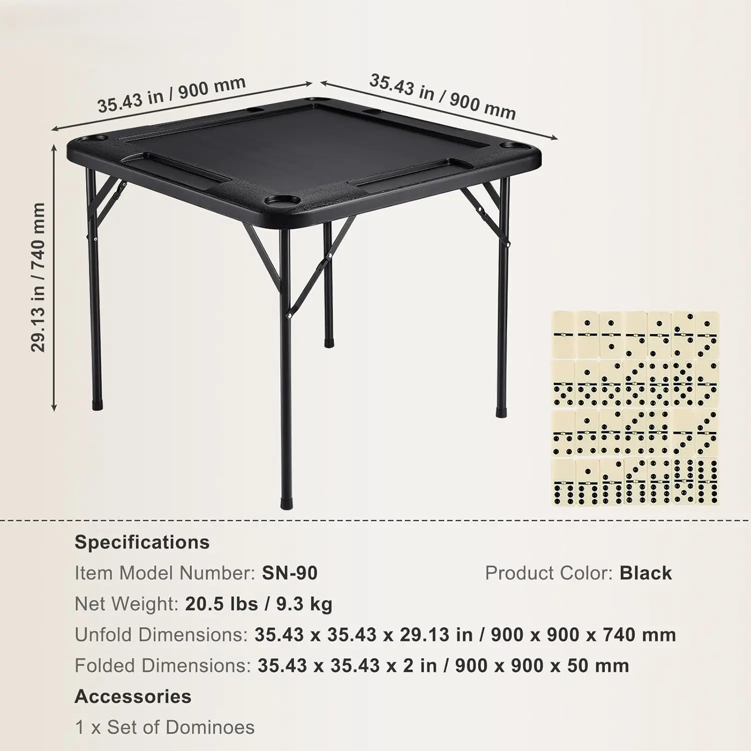 Mahjong Table, Square 4 Player Folding Card Table with 4 Cup Holders, 4 Chip Trays and 1 Set of Dominoes