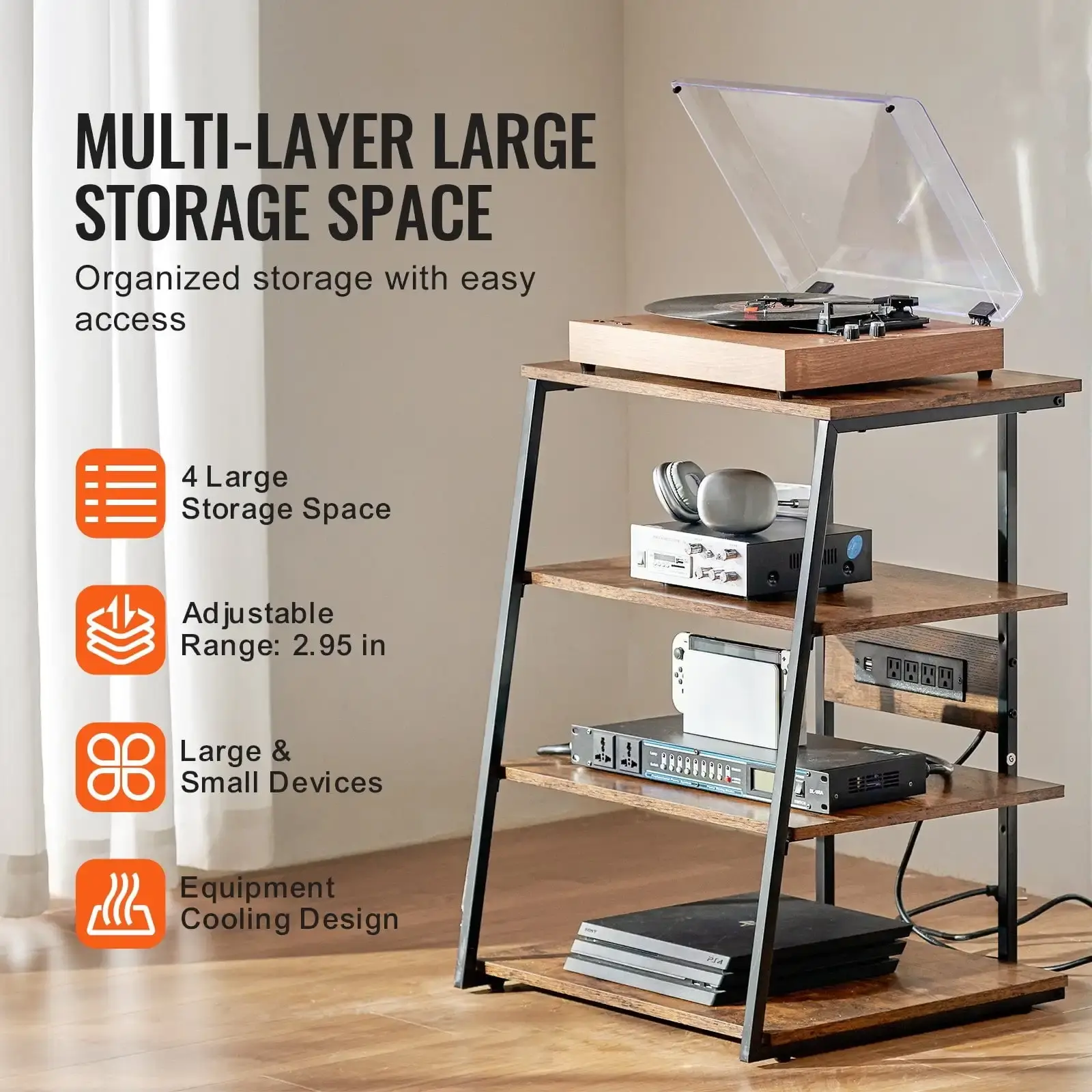 4-Tier AV Media Stand with Power Strips, Corner TV Stand with LED Lights, Height Adjustable Wooden Shelves