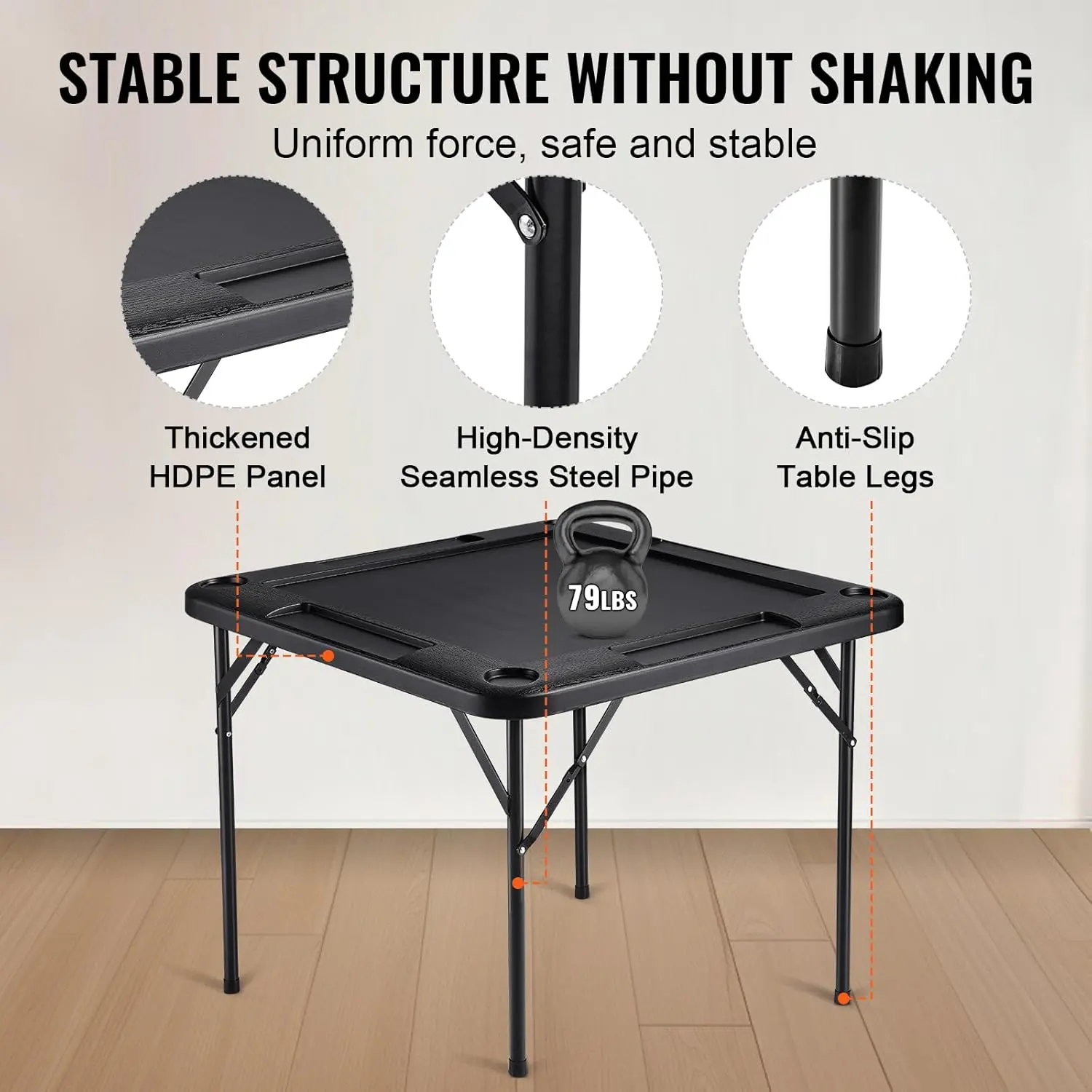 Mahjong Table, Square 4 Player Folding Card Table with 4 Cup Holders, 4 Chip Trays and 1 Set of Dominoes