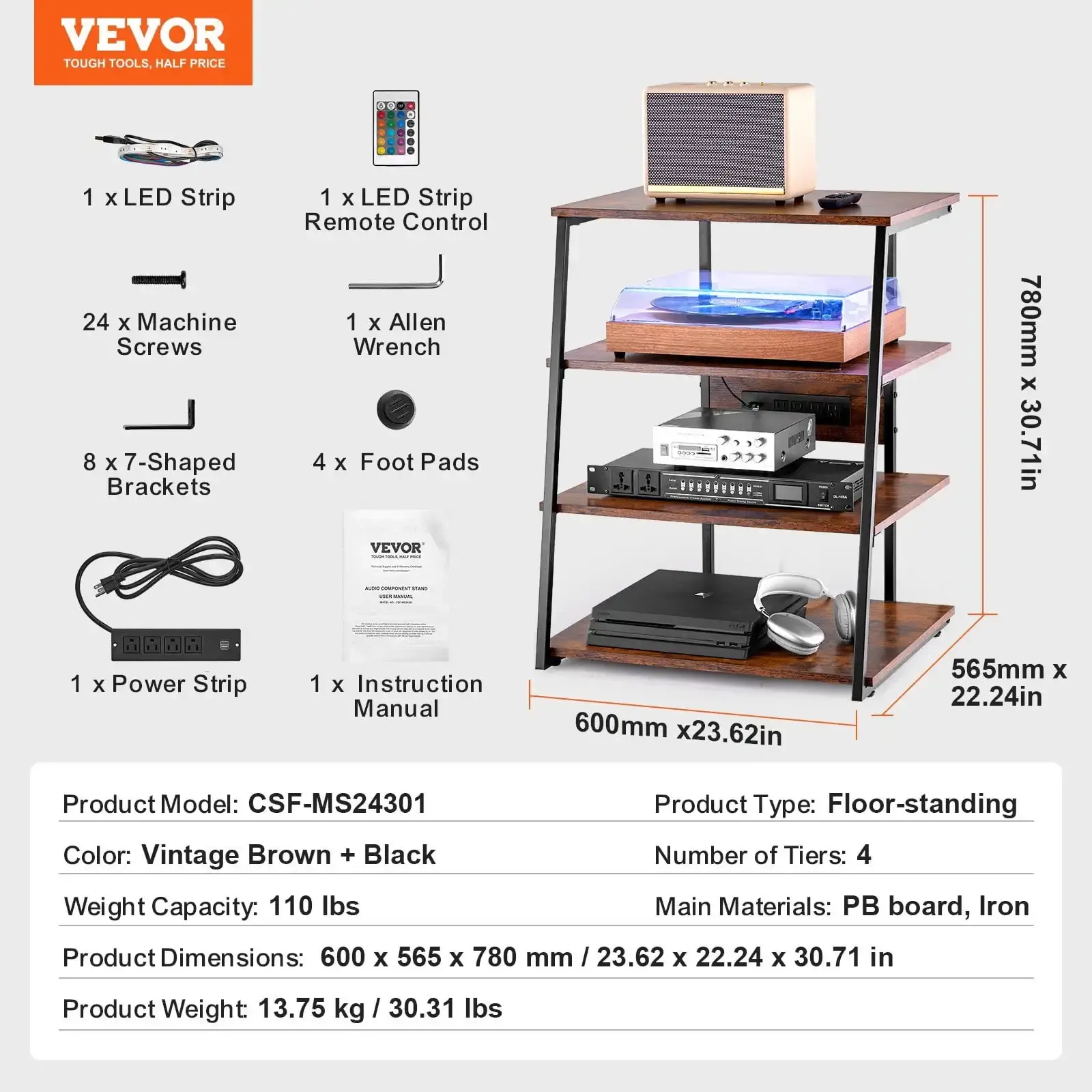 4-Tier AV Media Stand with Power Strips, Corner TV Stand with LED Lights, Height Adjustable Wooden Shelves