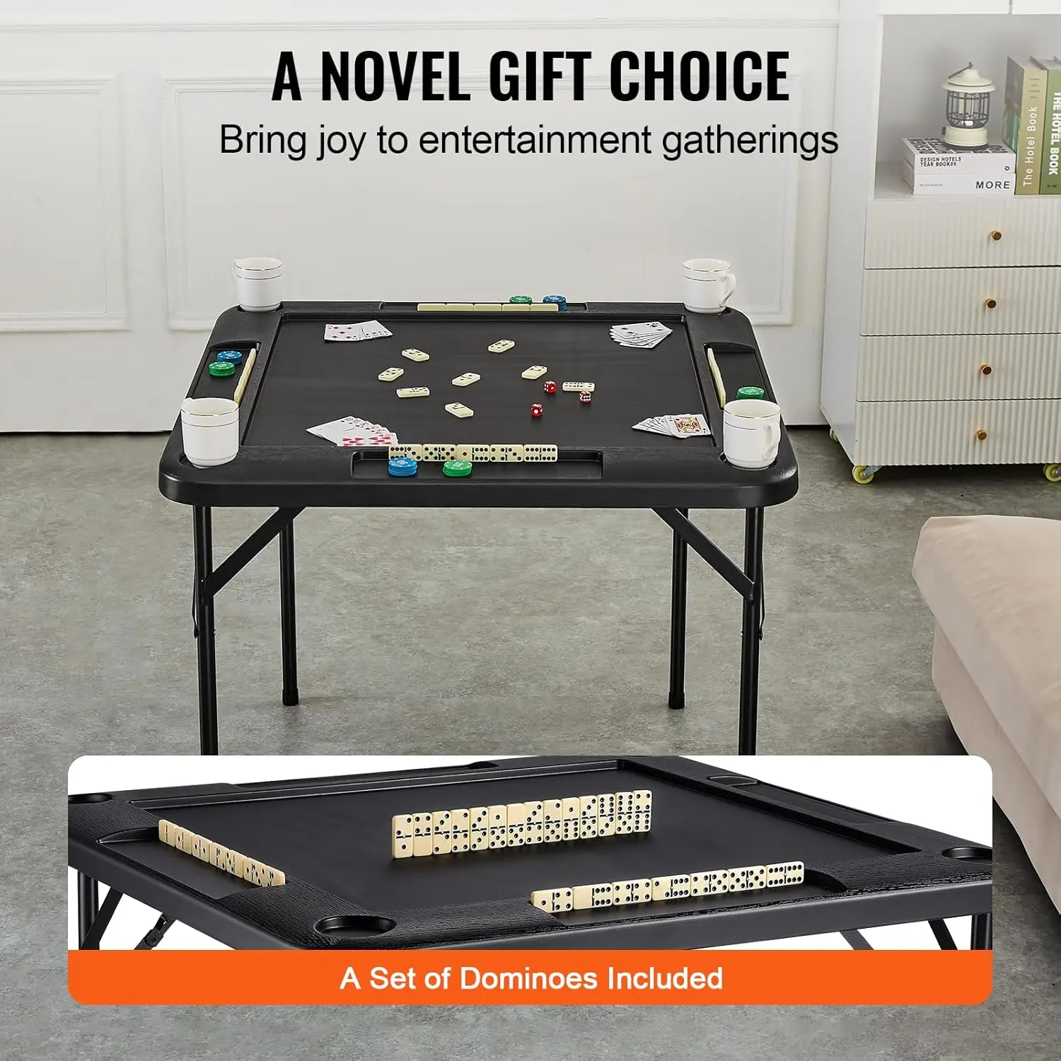 Mahjong Table, Square 4 Player Folding Card Table with 4 Cup Holders, 4 Chip Trays and 1 Set of Dominoes