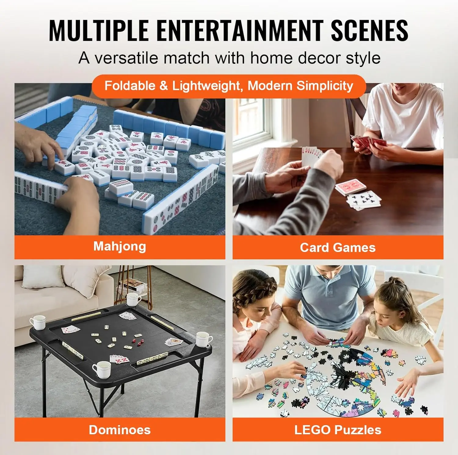 Mahjong Table, Square 4 Player Folding Card Table with 4 Cup Holders, 4 Chip Trays and 1 Set of Dominoes