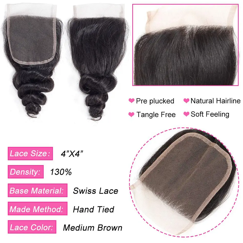 Liddy Loose Wave 4x4 Lace Closures Only Brazilian Loose Deep Human Hair Pre Plucked Transparent Lace Frontal Closure Remy