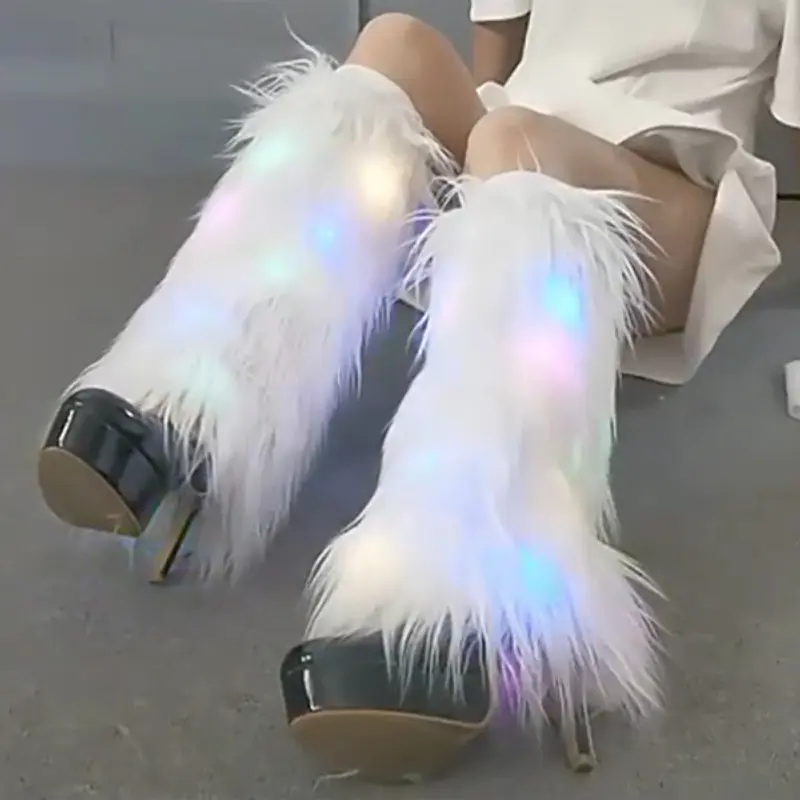 25/40cm Exaggerated disco Club Imitation Wool Boots Plush Socks Long Lighted Stage Performance Fur Fluffy High Leg Guards Female