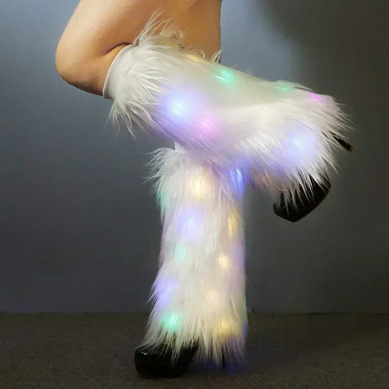 25/40cm Exaggerated disco Club Imitation Wool Boots Plush Socks Long Lighted Stage Performance Fur Fluffy High Leg Guards Female