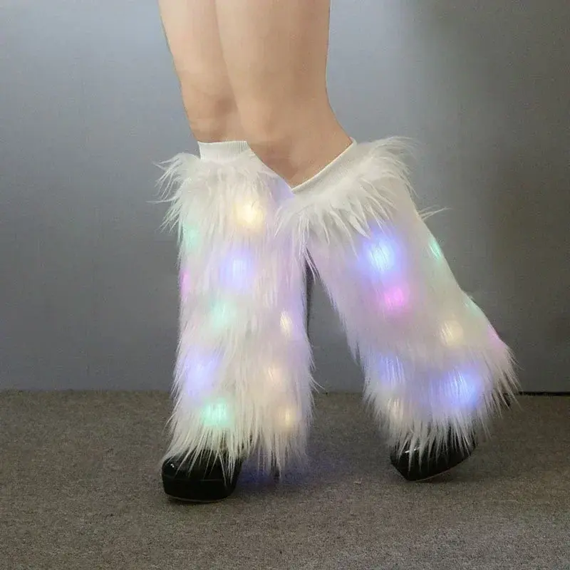 25/40cm Exaggerated disco Club Imitation Wool Boots Plush Socks Long Lighted Stage Performance Fur Fluffy High Leg Guards Female