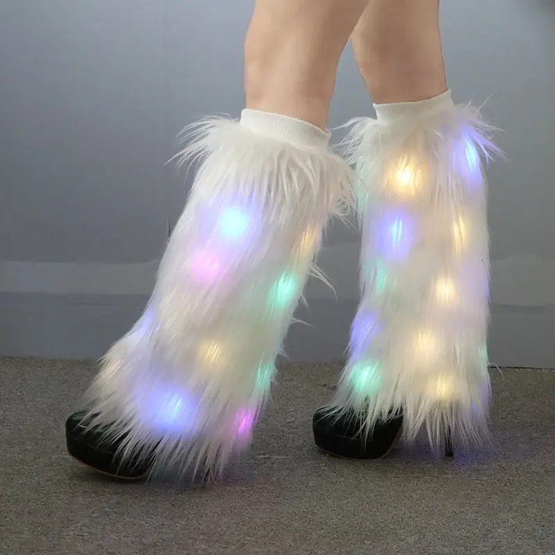 25/40cm Exaggerated disco Club Imitation Wool Boots Plush Socks Long Lighted Stage Performance Fur Fluffy High Leg Guards Female