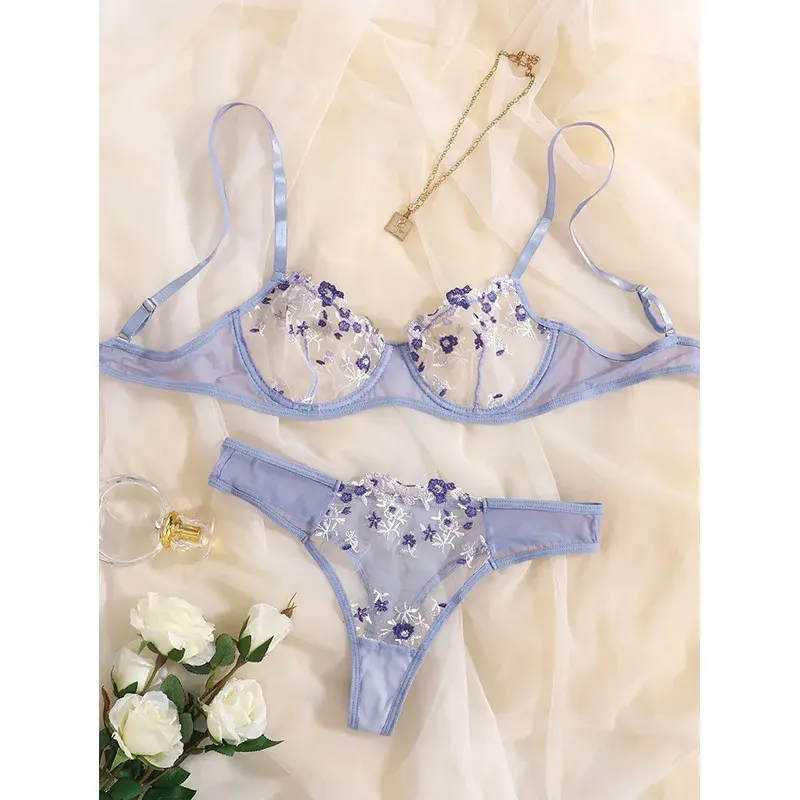 Lingerie Sexy Floral Embroidery Underwear Transparent Lace Short Skin Care Kits Delicate Fairy Set Woman 2 Pieces