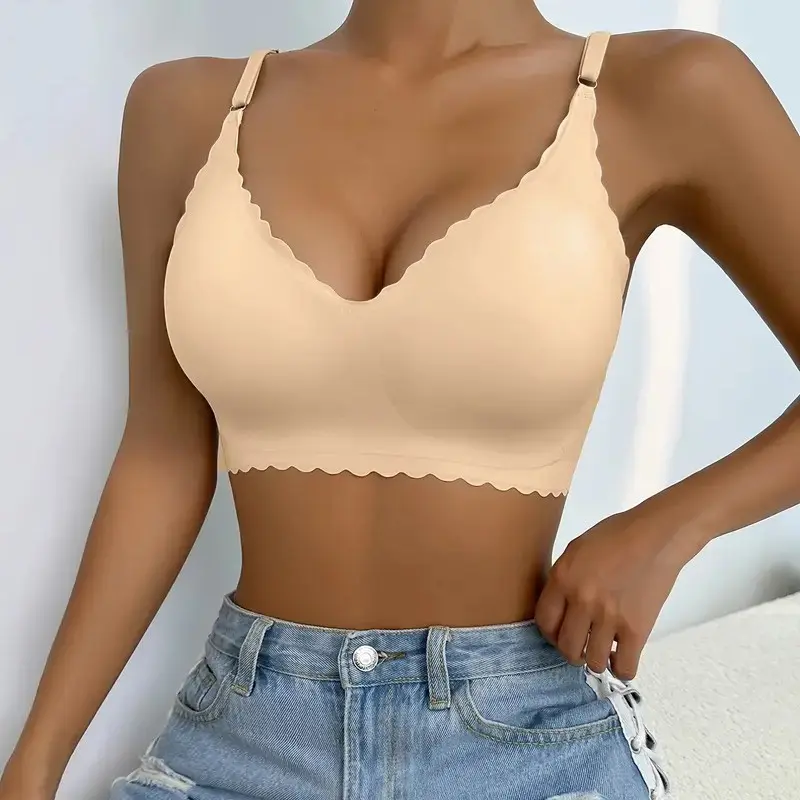 Women's Bras Ice Silk Seamless Ultra-Thin No Steel Ring Underwear with Chest Cushion Sexy Wave Deep V Gathering Underwear