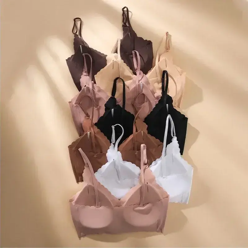 Women's Bras Ice Silk Seamless Ultra-Thin No Steel Ring Underwear with Chest Cushion Sexy Wave Deep V Gathering Underwear