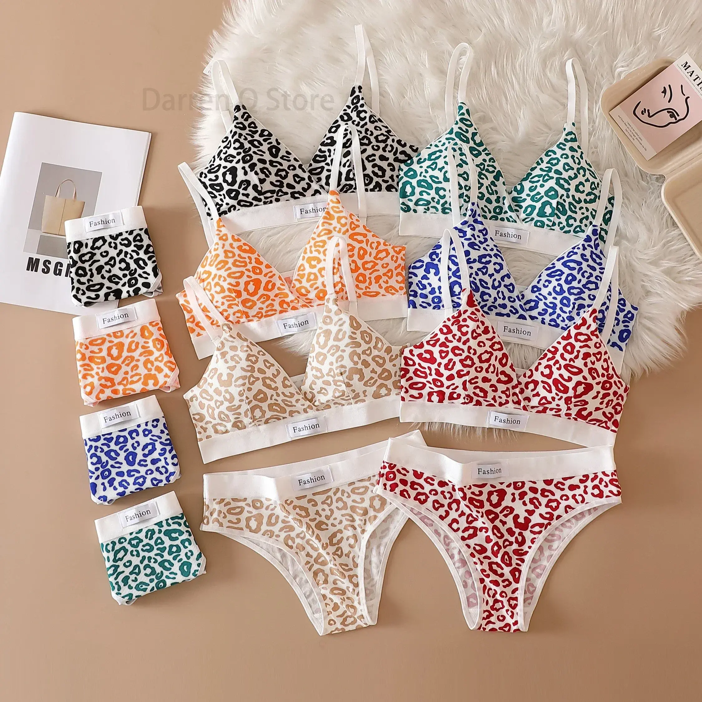 Women Seamless Bra Set Low Waist Panties Leopard Bralette Sexy Lingerie Set Vneck Sport Brassiere Female Cotton Underwear Set