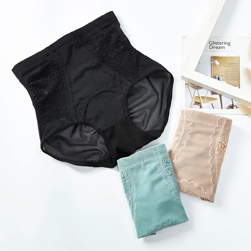 Women High Waist Body Shaper Slimming Butt Lifter Shapewear Solid Color Breathable Lace Underwear Tummy Control Panties Hip Pads
