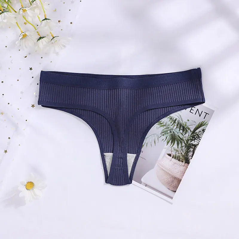 4 Pcs Seamless Ladies Ribbed Cotton Thong Simple Women's Low Waist Bikini Briefs Sports Girls Underwear Plus Size