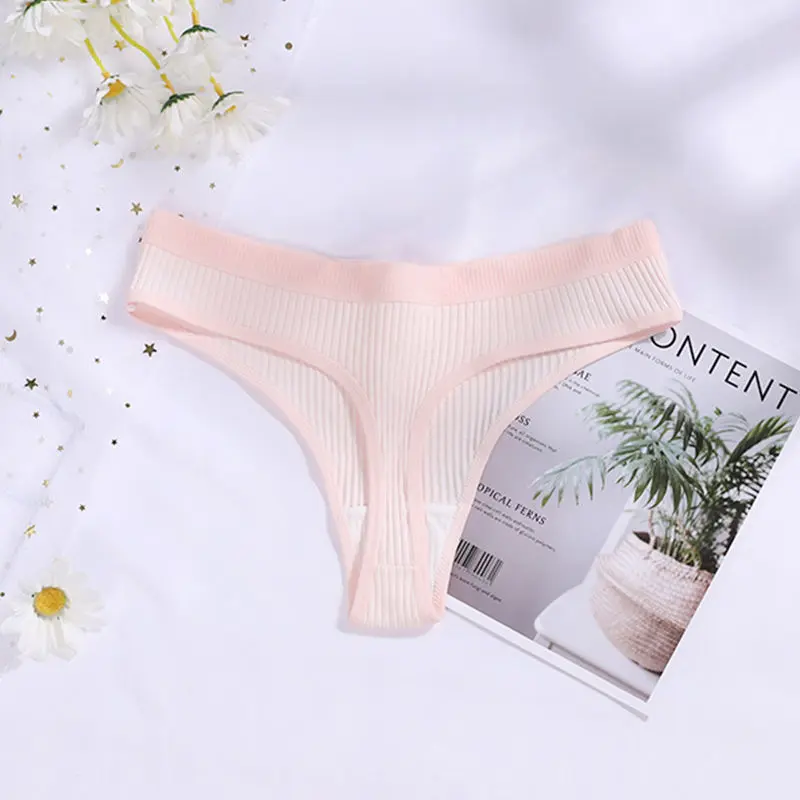 4 Pcs Seamless Ladies Ribbed Cotton Thong Simple Women's Low Waist Bikini Briefs Sports Girls Underwear Plus Size