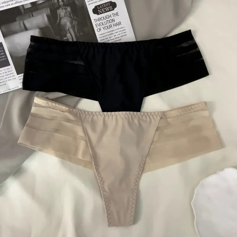 Ice Silk Women G-string Seamless Underwear Sexy Stripe Breathable Low Rise Briefs Female Underpants Thong Solid Lingerie Panties