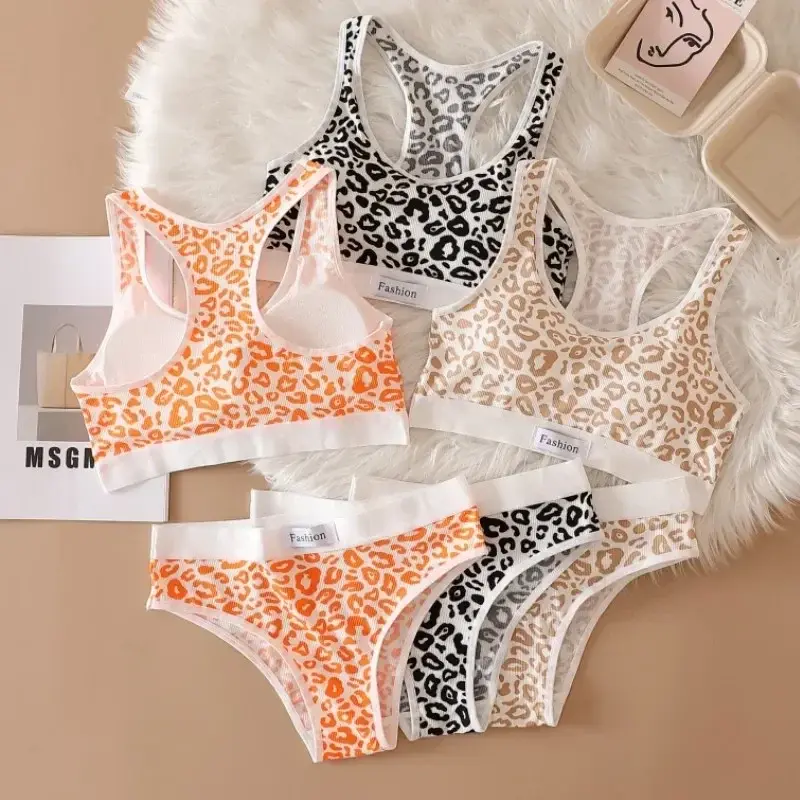 Women Seamless Bra Set Low Waist Panties Leopard Bralette Sexy Lingerie Set Vneck Sport Brassiere Female Cotton Underwear Set