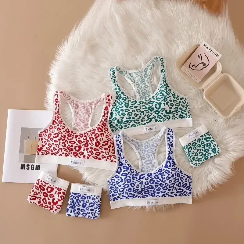 Women Seamless Bra Set Low Waist Panties Leopard Bralette Sexy Lingerie Set Vneck Sport Brassiere Female Cotton Underwear Set