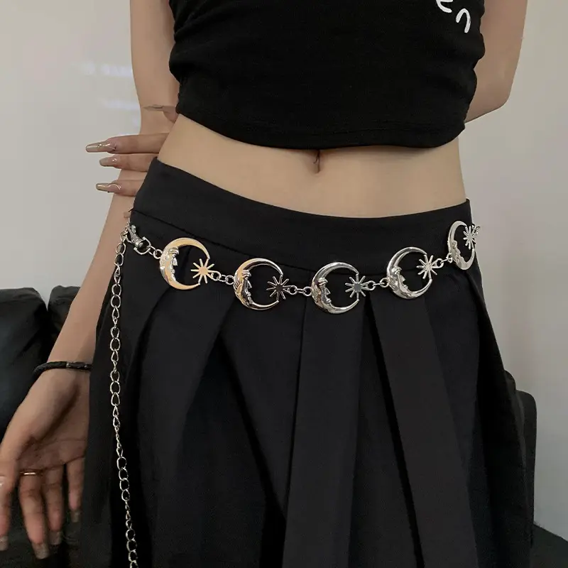 Women Belt  Retro Gold Chain Belt Female Waist Moon Sun Metal Belts For Women Punk Dress Waistband Gothic Jeans Accessory Long