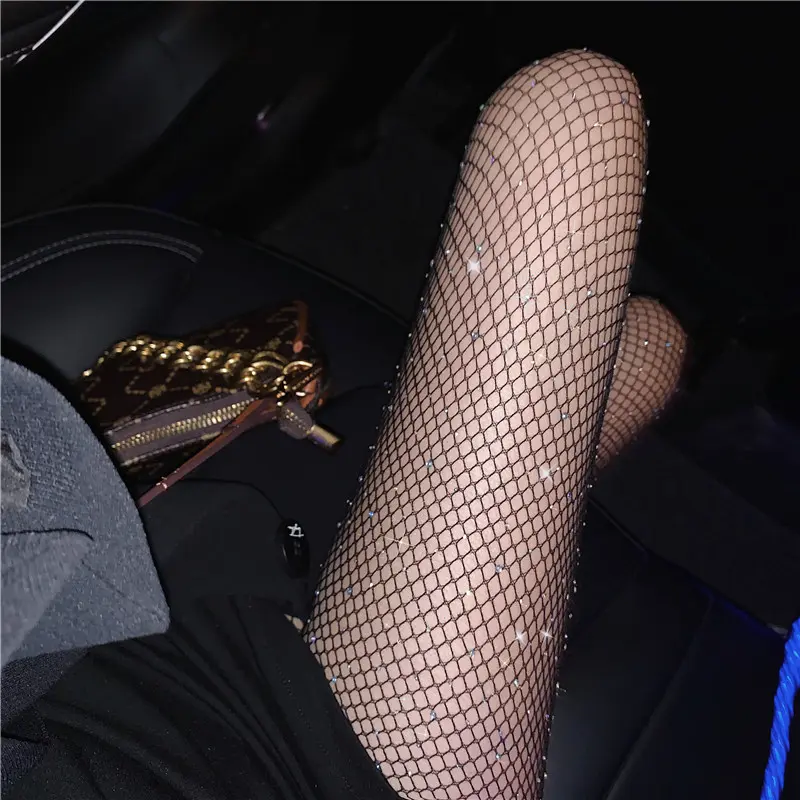 Bling Diamond Fishnet Pantyhose Summer Women Sexy Hollow Shiny Net Tights Female Slim White Rhinestone Mesh Thin Nylon Stockings
