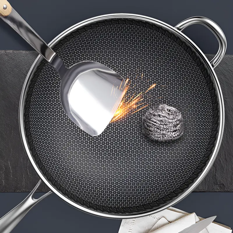Non-stick Wok 316 Tri-Ply Stainless Steel Frying Pan Double-sided Honeycomb Non-stick Frying Pan  Gas Stove General Saucepan