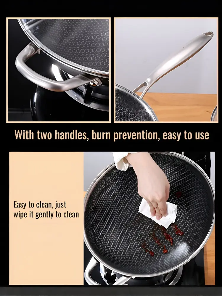 Non-stick Wok 316 Tri-Ply Stainless Steel Frying Pan Double-sided Honeycomb Non-stick Frying Pan  Gas Stove General Saucepan