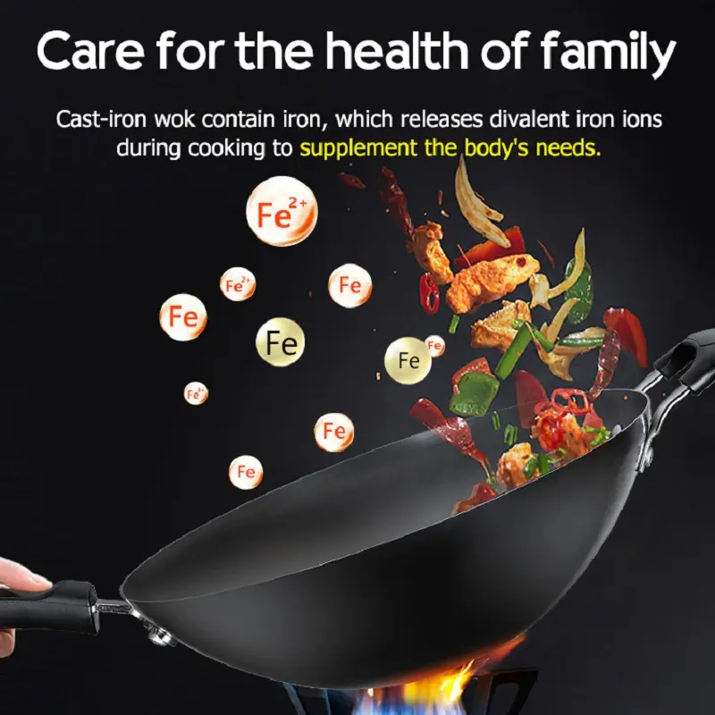 Non Stick Pan With Lid Uncoated Wok Handmade Iron Pot Smoke Less Universal Gas Induction Cooker Cooking Cookware