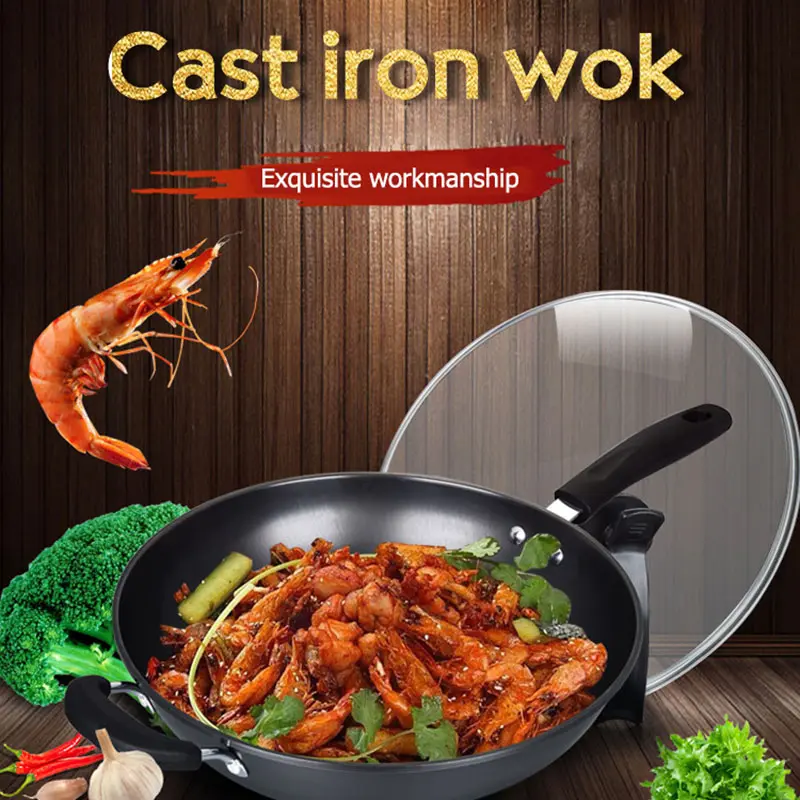 Non Stick Pan With Lid Uncoated Wok Handmade Iron Pot Smoke Less Universal Gas Induction Cooker Cooking Cookware
