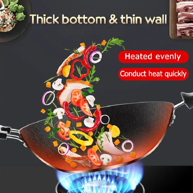 Non Stick Pan With Lid Uncoated Wok Handmade Iron Pot Smoke Less Universal Gas Induction Cooker Cooking Cookware