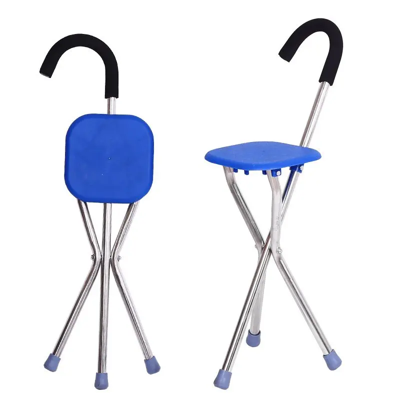 Folding Elderly Stick Stool Walking Stick With Seat Non Slip Walking Three Legged Cane