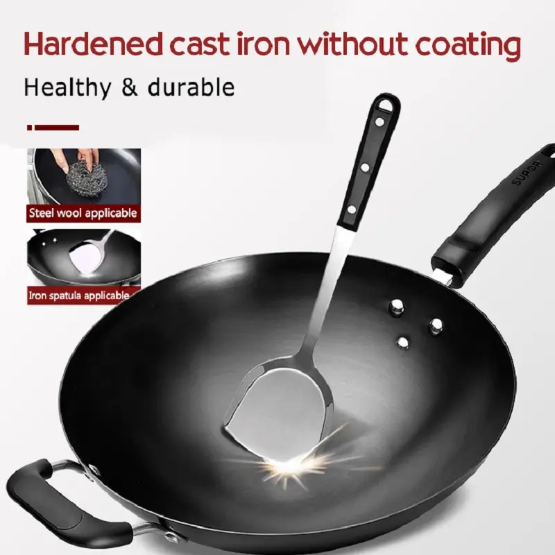 Non Stick Pan With Lid Uncoated Wok Handmade Iron Pot Smoke Less Universal Gas Induction Cooker Cooking Cookware