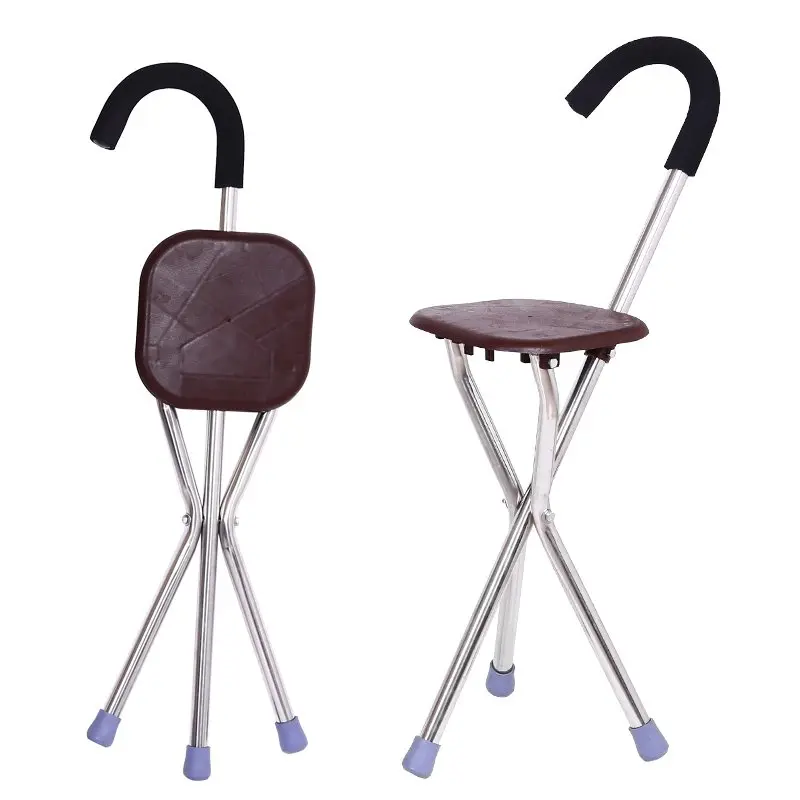 Folding Elderly Stick Stool Walking Stick With Seat Non Slip Walking Three Legged Cane