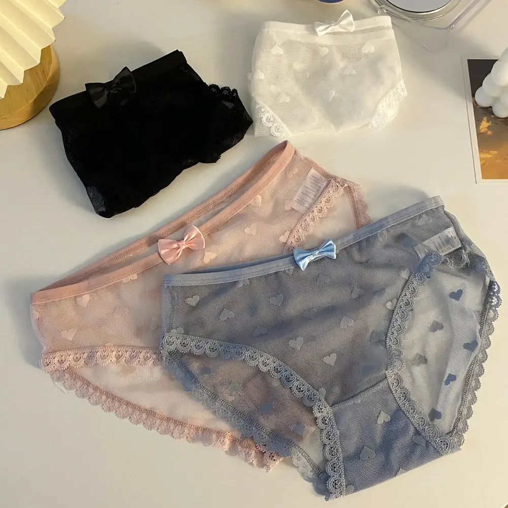Japanese Sweet Mid-Waist Panties Feminine Lace Bow Love Mesh Cotton Crotch Briefs Women's Mesh Cotton Crotch Panties