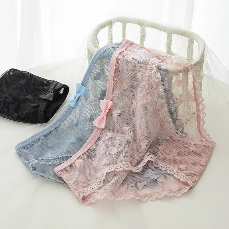 Japanese Sweet Mid-Waist Panties Feminine Lace Bow Love Mesh Cotton Crotch Briefs Women's Mesh Cotton Crotch Panties