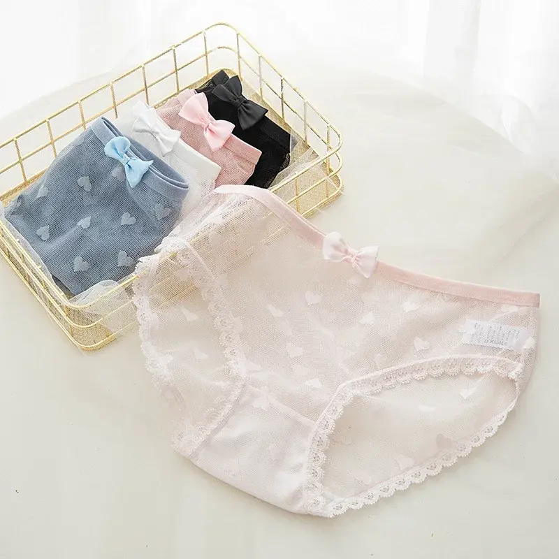 Japanese Sweet Mid-Waist Panties Feminine Lace Bow Love Mesh Cotton Crotch Briefs Women's Mesh Cotton Crotch Panties