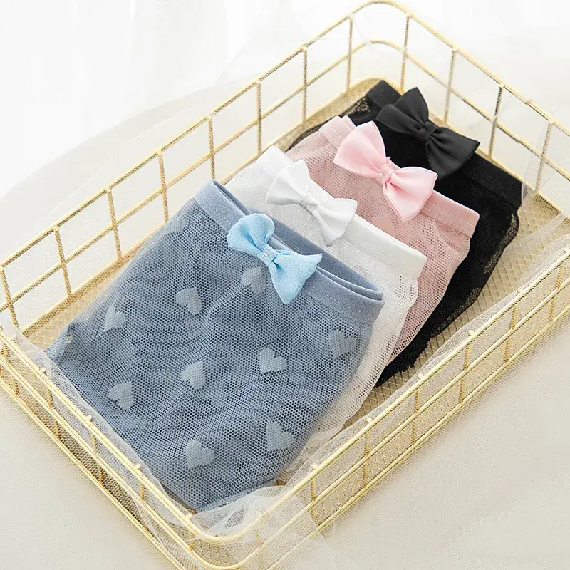 Japanese Sweet Mid-Waist Panties Feminine Lace Bow Love Mesh Cotton Crotch Briefs Women's Mesh Cotton Crotch Panties